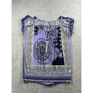 Speechless Boho Top Womens Large Floral Paisley Short Sleeve Blouse Bohemian Shi